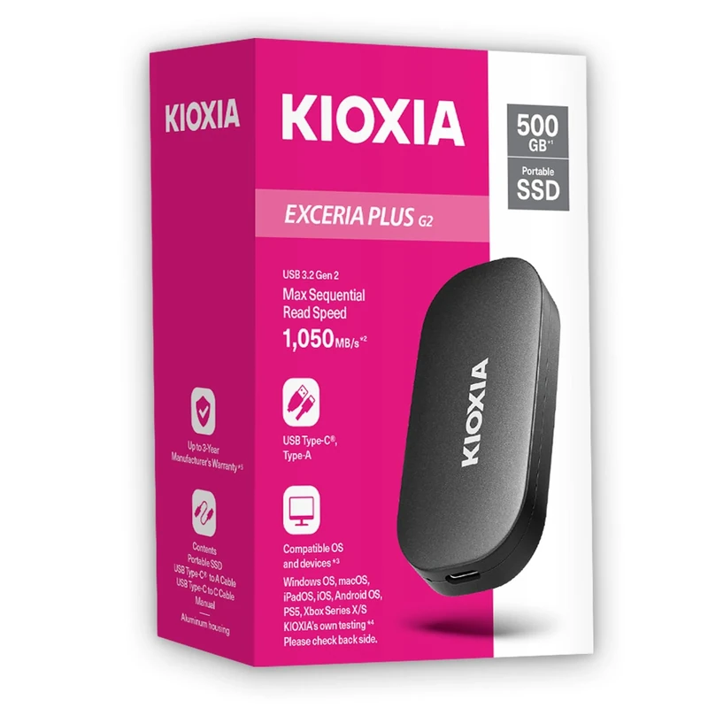 KIOXIA EXCERIA PLUS G2 Portable SSD – 2TB External Drive, USB 3.2 Gen 2, up to 1050MB/s Read & 1000MB/s Write – Compatible with Windows, macOS, iOS, Android, PS5, Xbox Series X/S