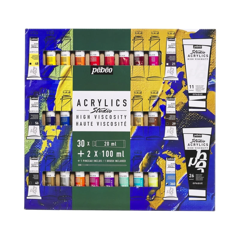 Pébéo Studio Acrylics - Pack of 30 Tubes 20 ml + 2 Tubes 100 ml - Assorted Colors - Multi-Surface Acrylic Paint