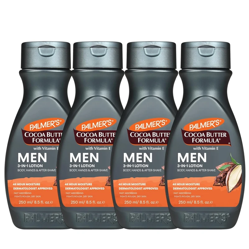 Palmer's Cocoa Butter Formula Men 3-in-1 Lotion with Vitamin E, 250ml, Set of 4 – Hydrates Body, Face, and Hands for 24-Hour Moisture