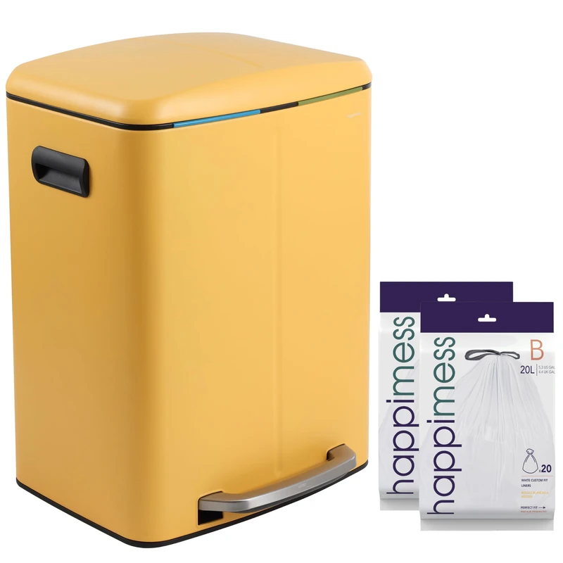 happimess HPM1005L Marco Rectangular 10.6-Gallon Double Bucket Trash Can with Soft-Close Lid, Daffodil Yellow for Home, Kitchen, Bathroom, Living Room, Office
