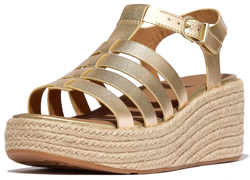 Fitflop Women's Platform Espadrilles Leather Fisherman Wedge Sandals, Silver, 6