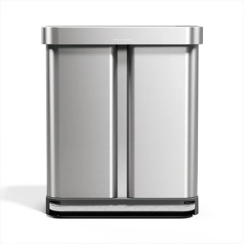 simplehuman 58 Liter / 15.3 Gallon Rectangular Hands-Free Dual Compartment Recycling Kitchen Step Trash Can with Soft-Close Lid, Brushed Stainless Steel