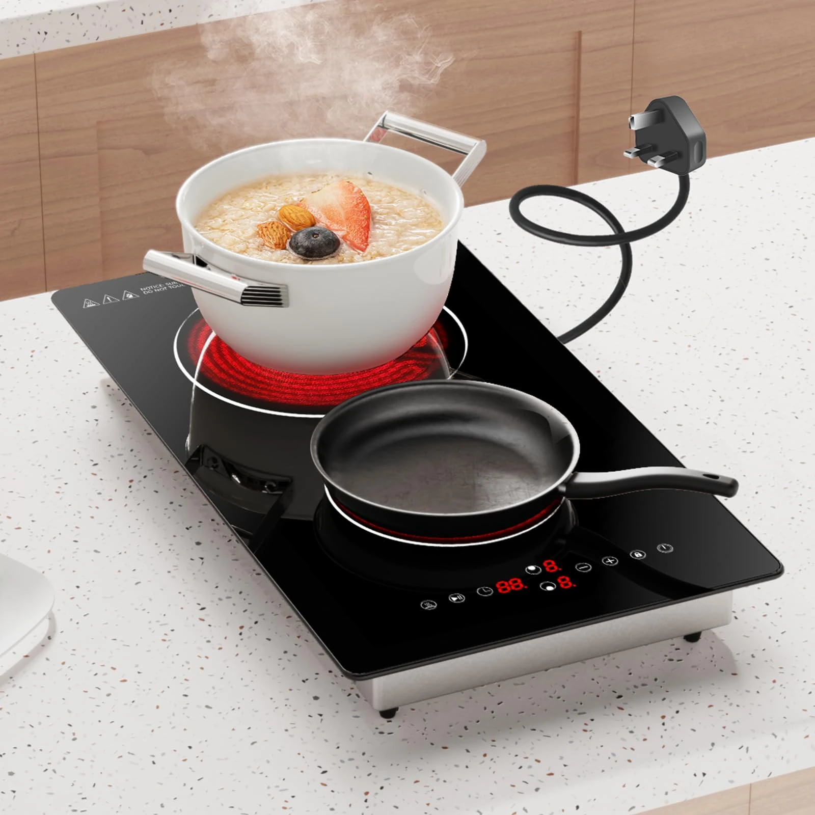 Nardea 2 Zone Ceramic Hob, Plug in Ceramic Hob 30cm, 2 Ring Electric Hob Built in 3000W, Touch Control, 9 Heating Level, Domino ceramic hob,2 burner plug-in uk;2 zone