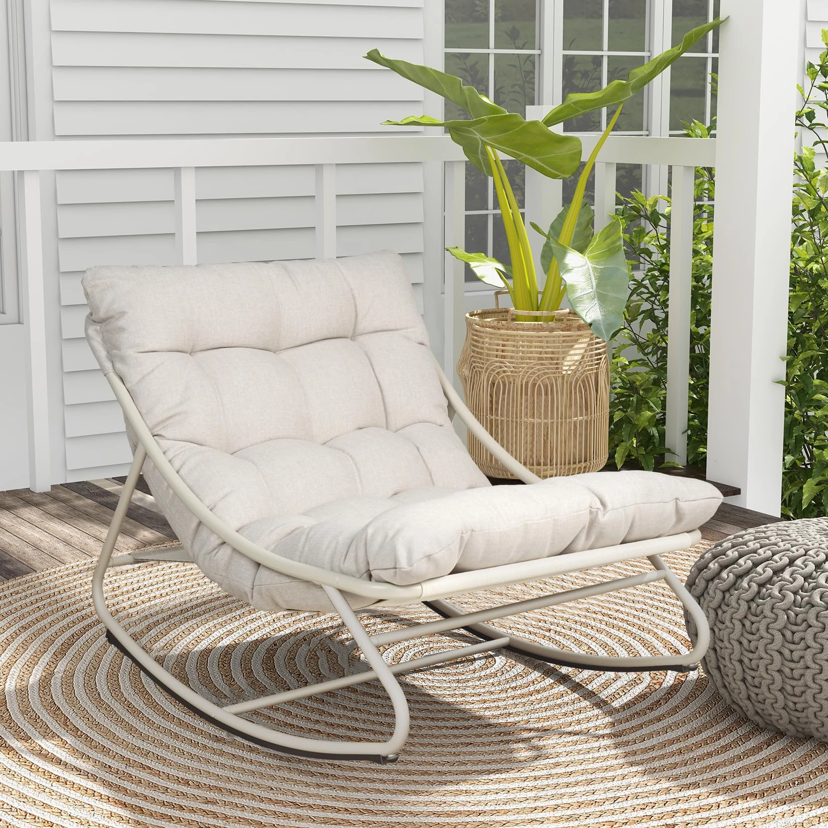 Grand patio Outdoor Rocking Chair with Cushion, Rocking Lounger Weatherproof Metal Relaxing Chair for Garden, Living Room, Yard, Patio and Balcony, Maximum Load 150 kg, Off White