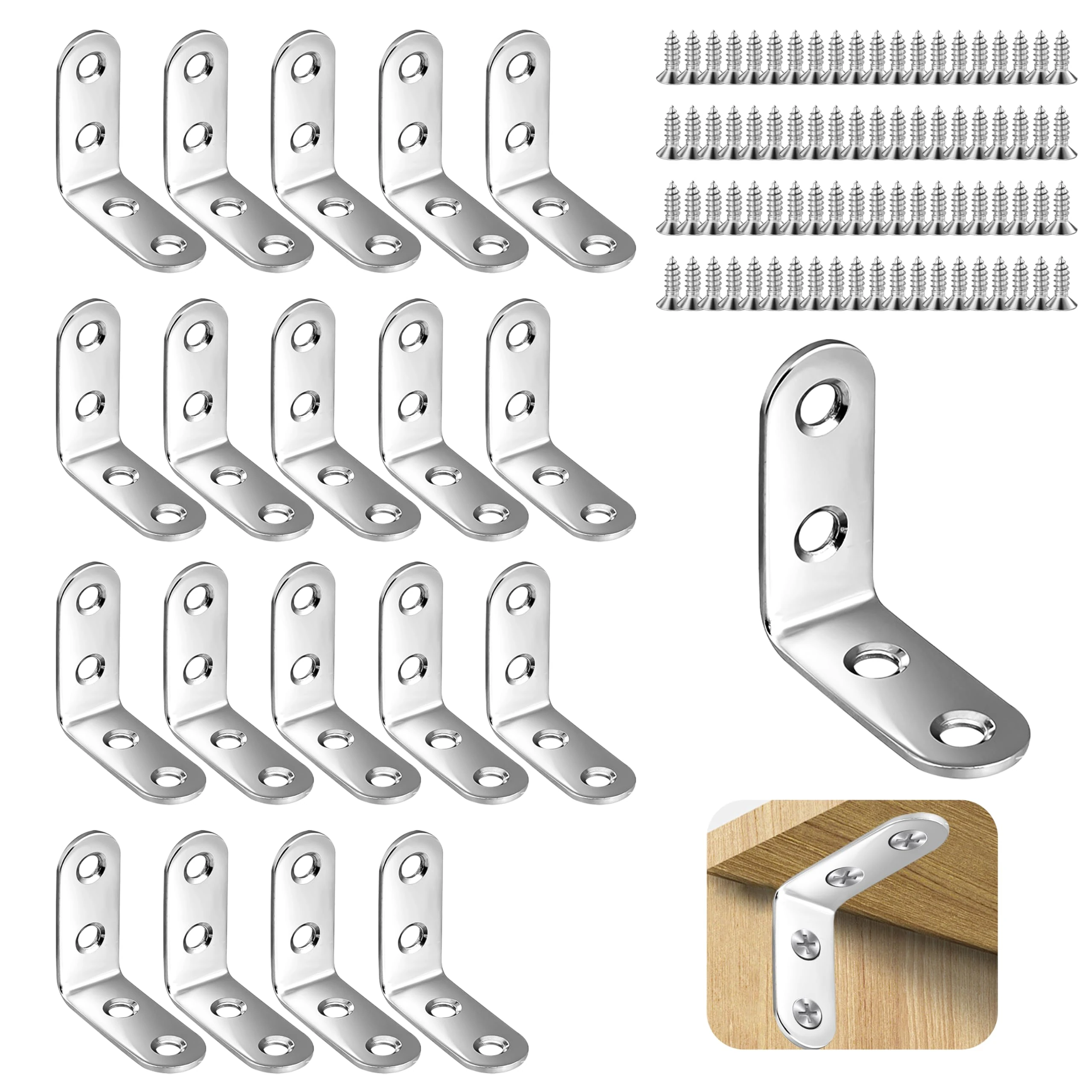 20 Pcs Angle Brackets 90 Degree Bracket 40X40mm (4 Holes) L Shaped Bracket Stainless Steel Right Angle Bracke with 80 Screws Metal Corner Brackets for Wood Furniture Fixation