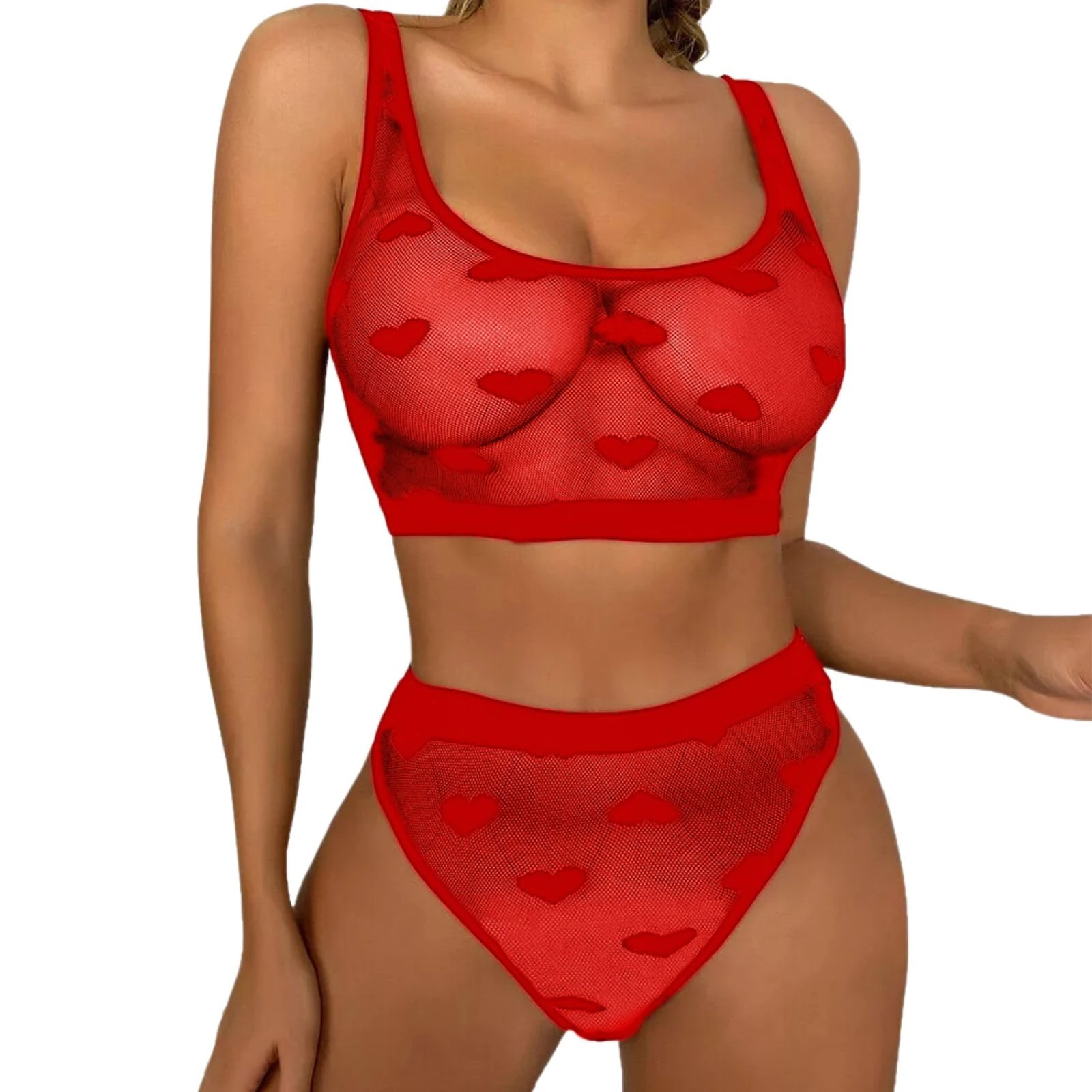 PARUPRUP Women's Sexy Lingerie Set 2 Pieces Sheer Mesh Love Heart Print Bra Panty Underwear See Through Naughty Babydoll Lingerie (Red, M)