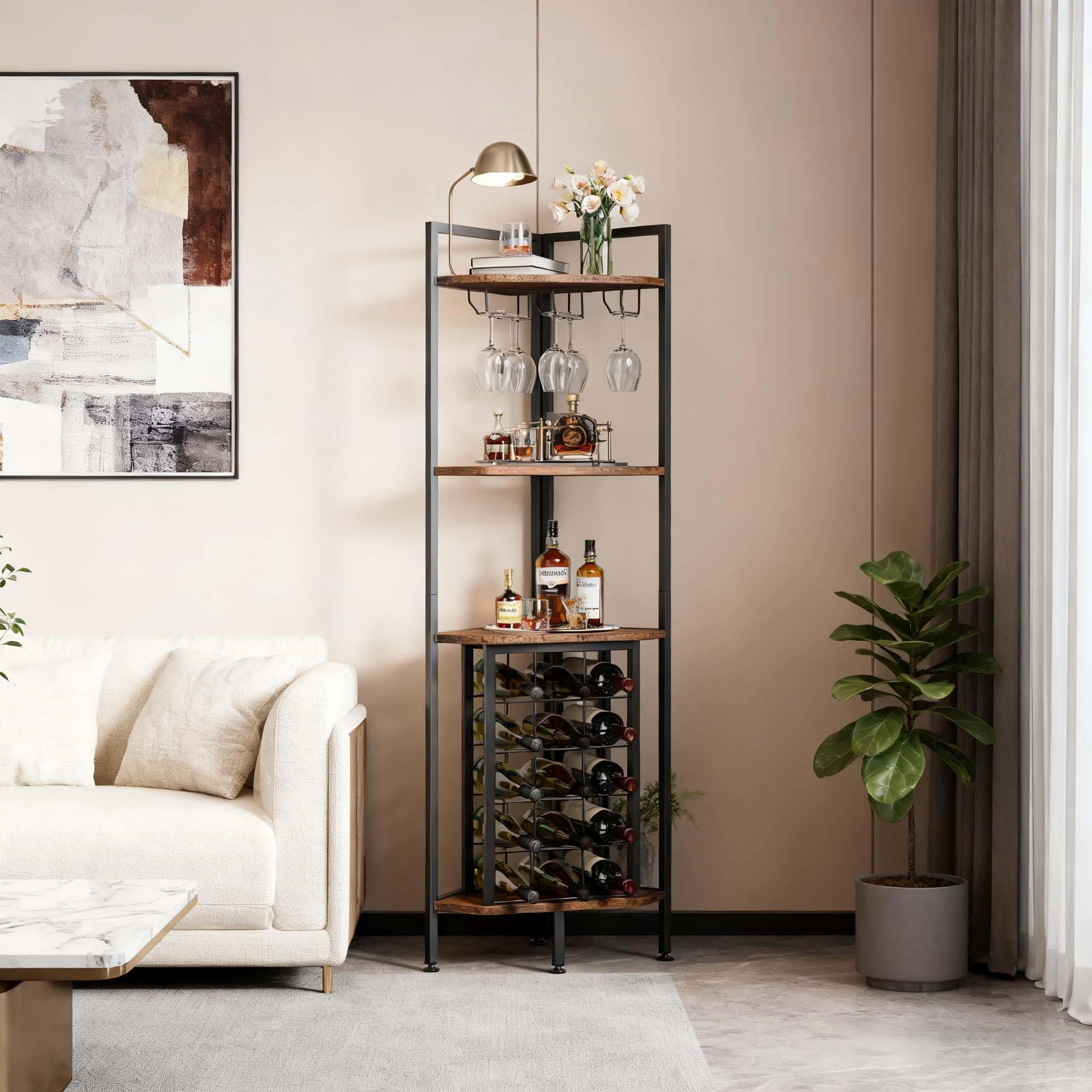 Warmiehomy Corner Wine Rack Free Standing Home Bar Drinks Cabinet for Living Room Kitchen Dining Room Office, Wooden Industrial 4-Tier Floor Wine Cabinet with 15 Wine Bottle Holder, Wine Glass Rack