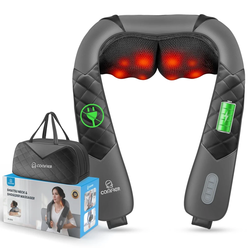 COMFIER Cordless Neck Massager with Heat, Back Massager for Pain Relief deep Tissue, 3D Shiatsu Neck Shoulder Massage Pillow with Carry Bag, Rechargeable Portable, Mens Gifts