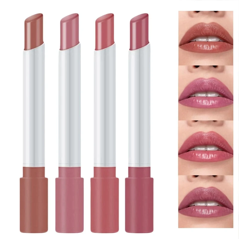 4pcs Plumping Lipstick and Gloss Set - Tinted Balm, Nude Colors for Women, Long-Lasting, Waterproof, High-Pigmented Makeup
