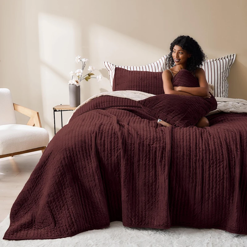 Wonderful Velvet Quilt Set, King Size Burgundy Soft Fluff Texture Coverlet with Shams, Channel Stitched Pattern, All-Season Use, Versatile Lightweight Bedspread for Bedroom Adults Teens Kids,106"x94"