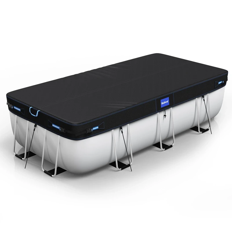 Holiwei 9x18 Ft Rectangular Pool Cover with Reflective Strips for Above Ground Pool, 420D Swimming Pool Cover for Rectangular or Oval Frame Pools, Solar Cover with Drawstring and Ground Nails