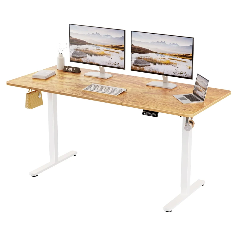 ERGOMAKER Standing Desk 160x70cm, Height Adjustable, Sit Stand Desk with Memory Handset Hooks for Home Office (Light Rustic Brown)