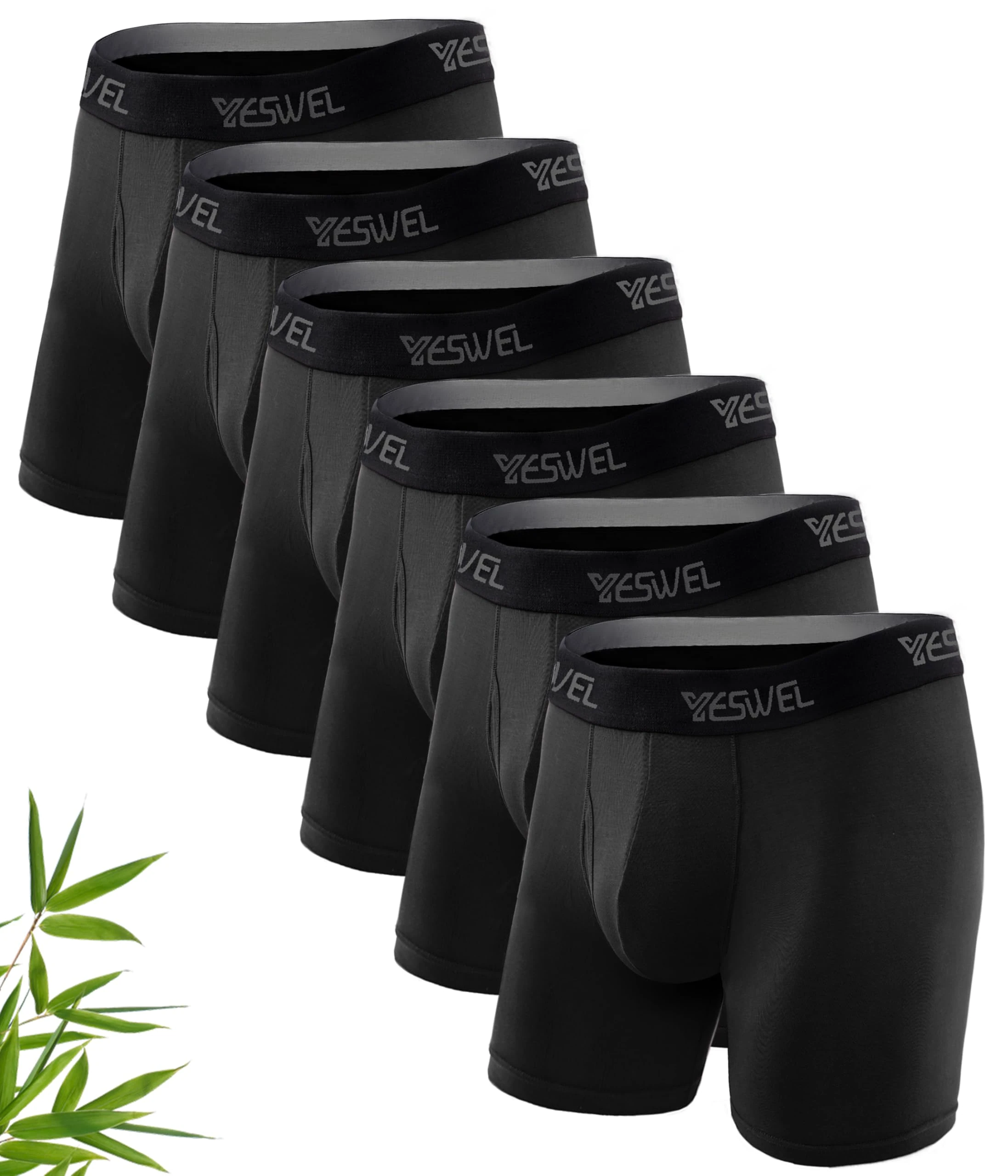 YESWEL Mens Bamboo Boxers XXL, Longer Leg Boxer Shorts with Fly, Anti - Chafing Underwear Briefs, No Itchy Labels Underpants Pack of 6 Black