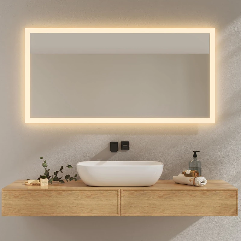 EMKE Bathroom Mirror with LED Light 120 x 60 cm, LED Bathroom Mirror 3000K Warm White, Wall Switch, Vertical/Horizontal Installation, Anti-explosion Mirror IP44, Energy Saving, LED Mirror
