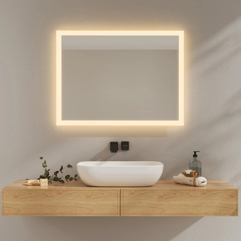 EMKE Bathroom Mirror with LED Light 60 x 80 cm, 3000 K/6500 K, LED Bathroom Mirror, Anti-fog, Lever Switch, IP44, Economic Bathroom Mirror, Memory Function - Image 1