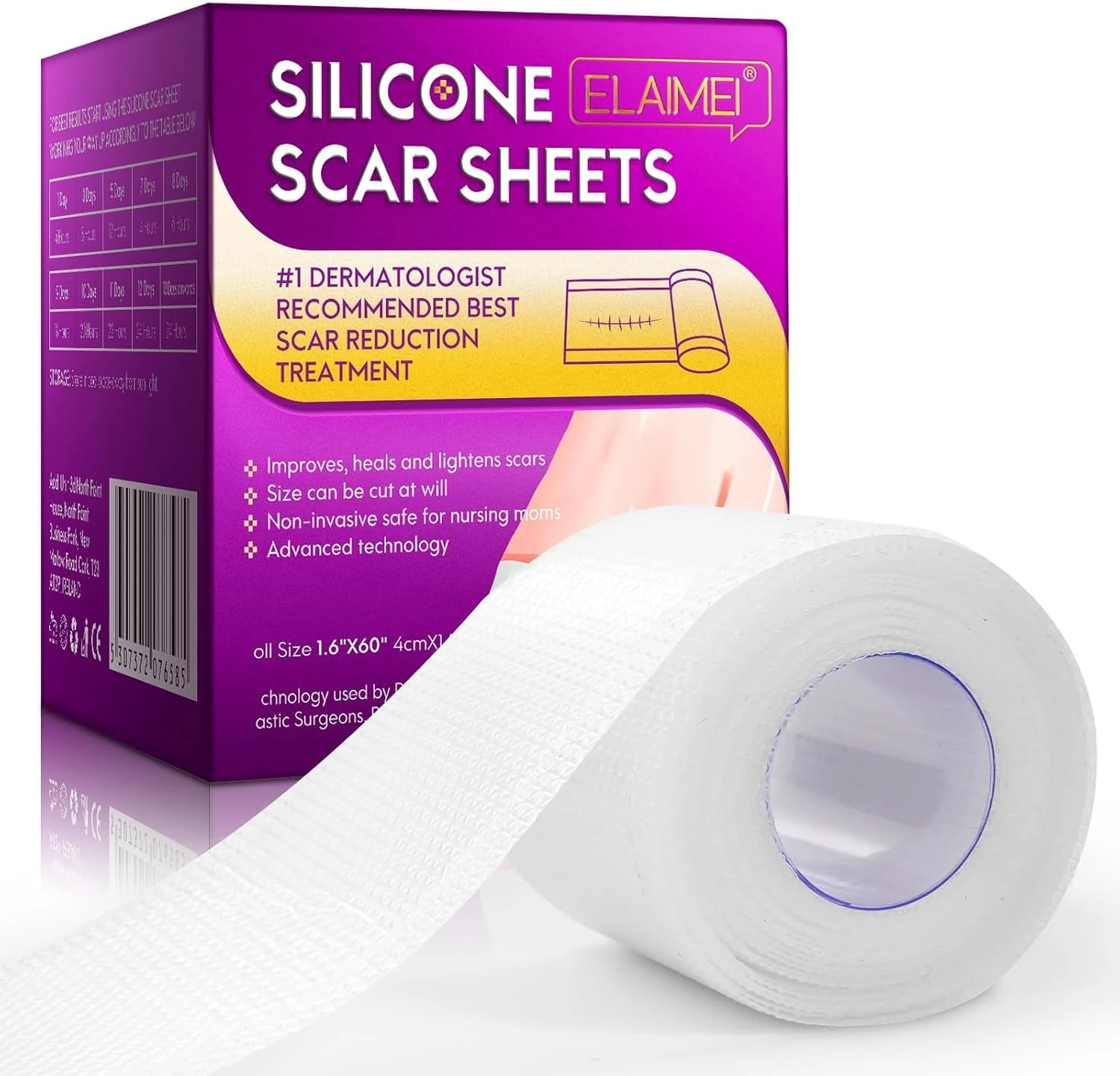 Silicone Scar Sheets, Silicone Scar Tape, Scar Tape Roll Medical Silicone Easy-Tear Gel Tape Roll, Scar Removal Sheets Works on Old & New Scars (1.6” x 60.1”Roll-1.52M Tape Roll)