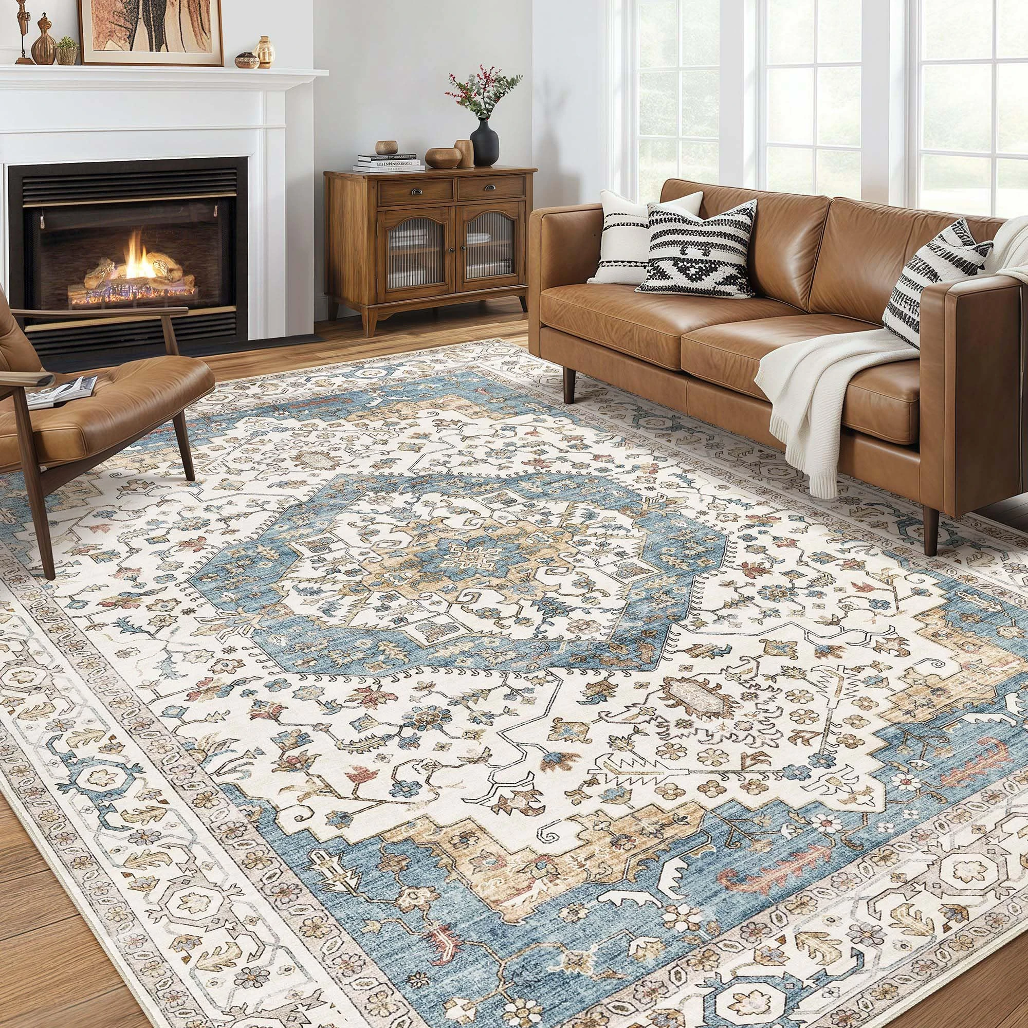 Area Rug for Living Room - 10x14 Soft Washable Oriental Vintage Floral Distressed Large Carpet - Fade Stain Resistant Non Slip Rugs for Bedroom Dining Room Nursery Dorm Office Home Decor - Blue/Beige
