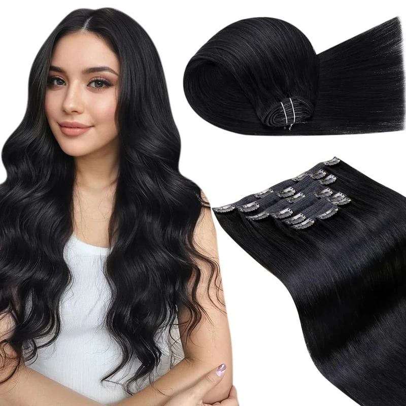 LaaVoo Black Hair Extensions Clip in 16 Inch Clip in Hair Extensions Real Human Hair Natural Black 135g 7pcs Full Head Remy Straight Hair Double Weft #1