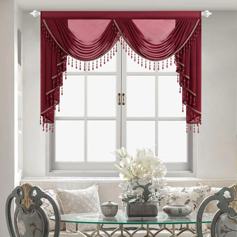 Leeva Vintage Red Waterfall Sheer Valance – Elegant Beaded Tassel Swag Window Curtains for Bedroom & Living Room, Soft Light Filtering Voile, 59 Inches Wide, 59" x 43"