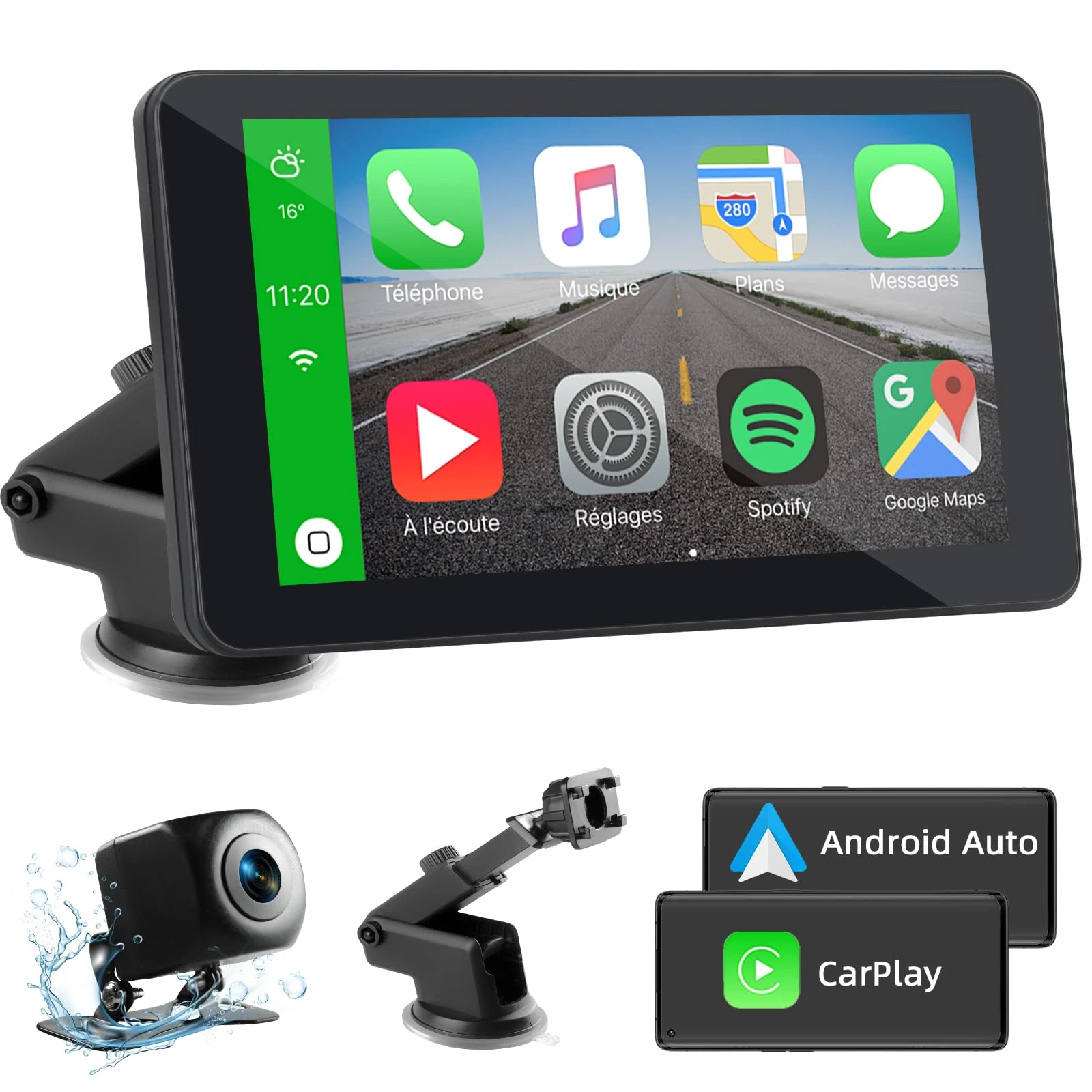 Car Play Screen for Wireless Carplay & Android Auto, 7 Inch 1080P HD Carplay Screen for Car, Portable Car Player with Reversing Camera, Bluetooth, Mirror Link, Voice Control, Navigation, FM, AUX