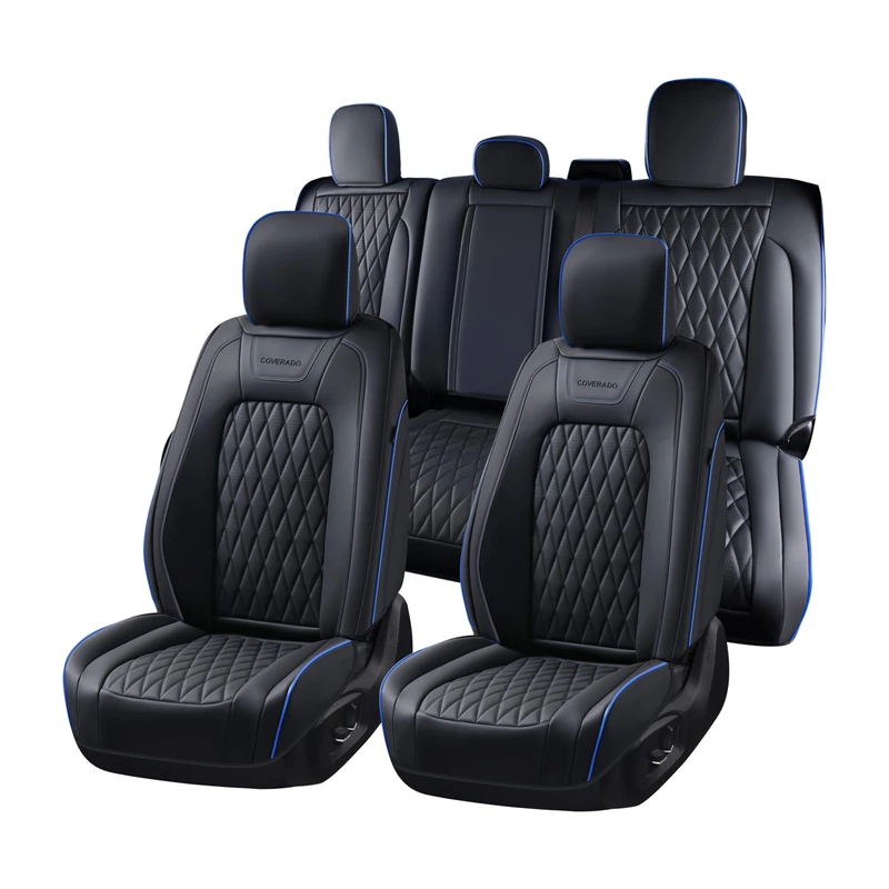 Coverado Leather Ford F150 Seat Covers Full Set, Automotive Seat Covers for Pick-up Truck, Waterproof Cushion Cover for 2015-2025 F150 and 2017-2025 F250 F350 F450 (Blue line)