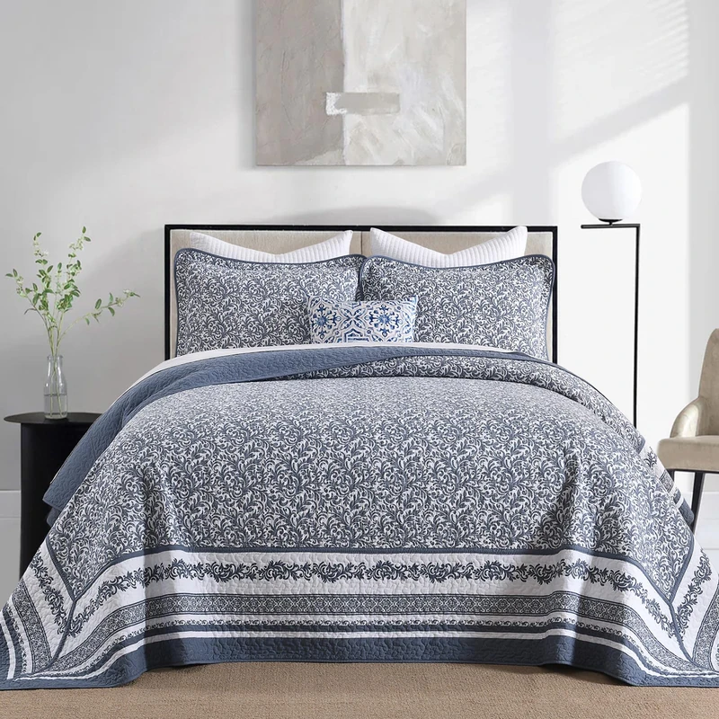 FineStichery Cotton King Bedspreads 128"x120" - Oversized Quilt Set with Pillow Shams, Farmhouse Botanical Pattern Lightweight Coverlet, Quilted Reversible Bedding Set, Blue/White