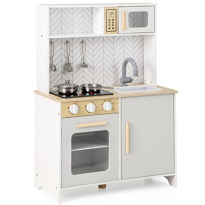 GYMAX Kids Play Kitchen, Wooden Toy Kitchen with Lights, Sounds, Oven, Microwave, Sink and Utensils, Children Cooking Role Playset for 3+ Years Old (White)