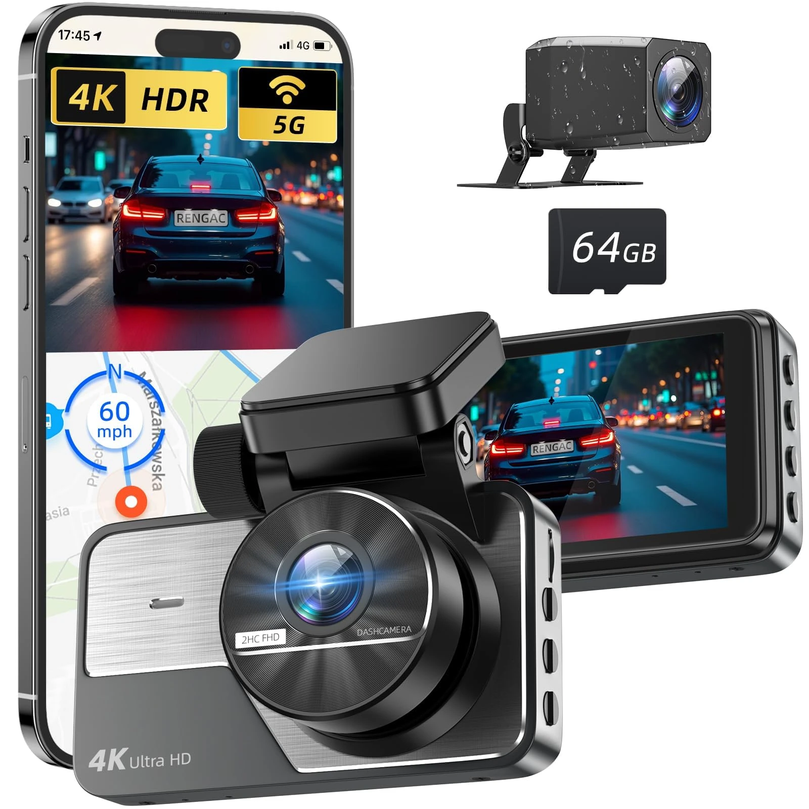 RENGAC Dash Cam Front and Rear: 4K+2K Full HD Dual Dash Camera for Cars, Built-in 5G WiFi with 64GB Caad, GPS, Car Camera with 3" IPS Screen, UHD 2160P Night Vision,App Control,HDR,24H Parking Momitor