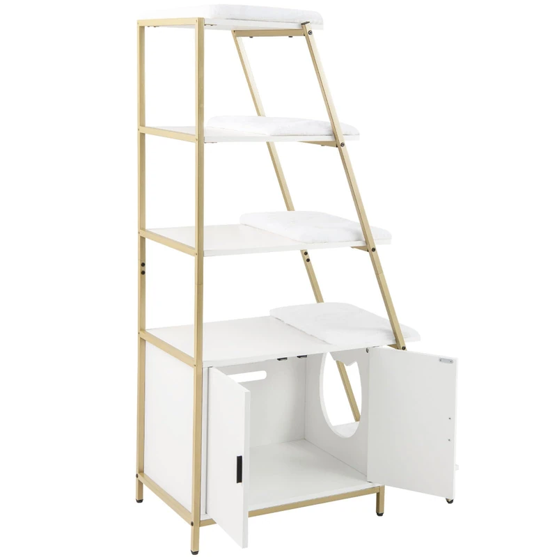 GYMAX Cat Litter Box Enclosure, Indoor Hidden Privacy Kitty Washroom with Ladder Shelf, Removable Cushions & Side Entry, Wooden Cat House Climbing Frame for Living Room Bedroom (White+Gold)