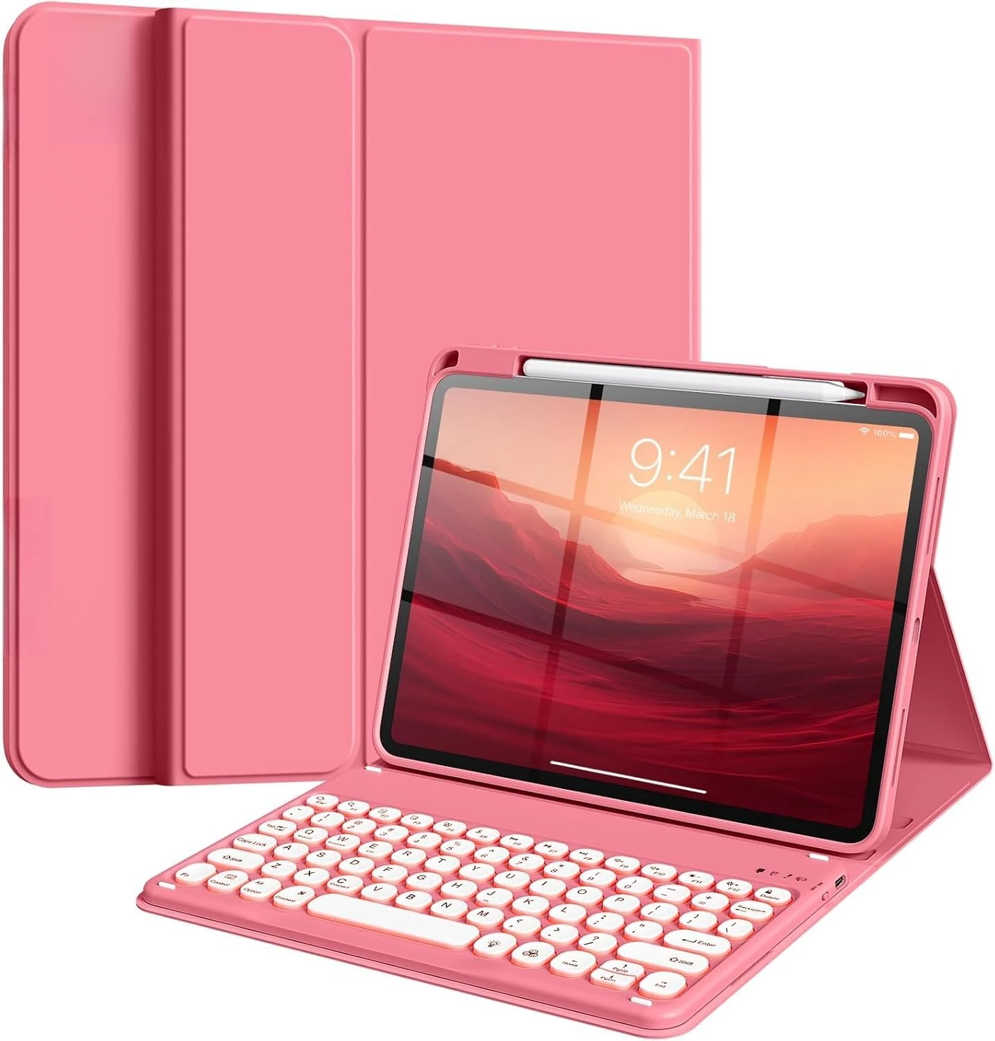 NUWONAYA Keyboard Case for iPad Air 11 inch (M3 2025 / M2 2024)/Air5 Air4 Pro11(4th/3rd/2nd/1st Gen) with Pencil Holder and Cute Color Magnetic Detachable Round Key Keyboard，New Pink