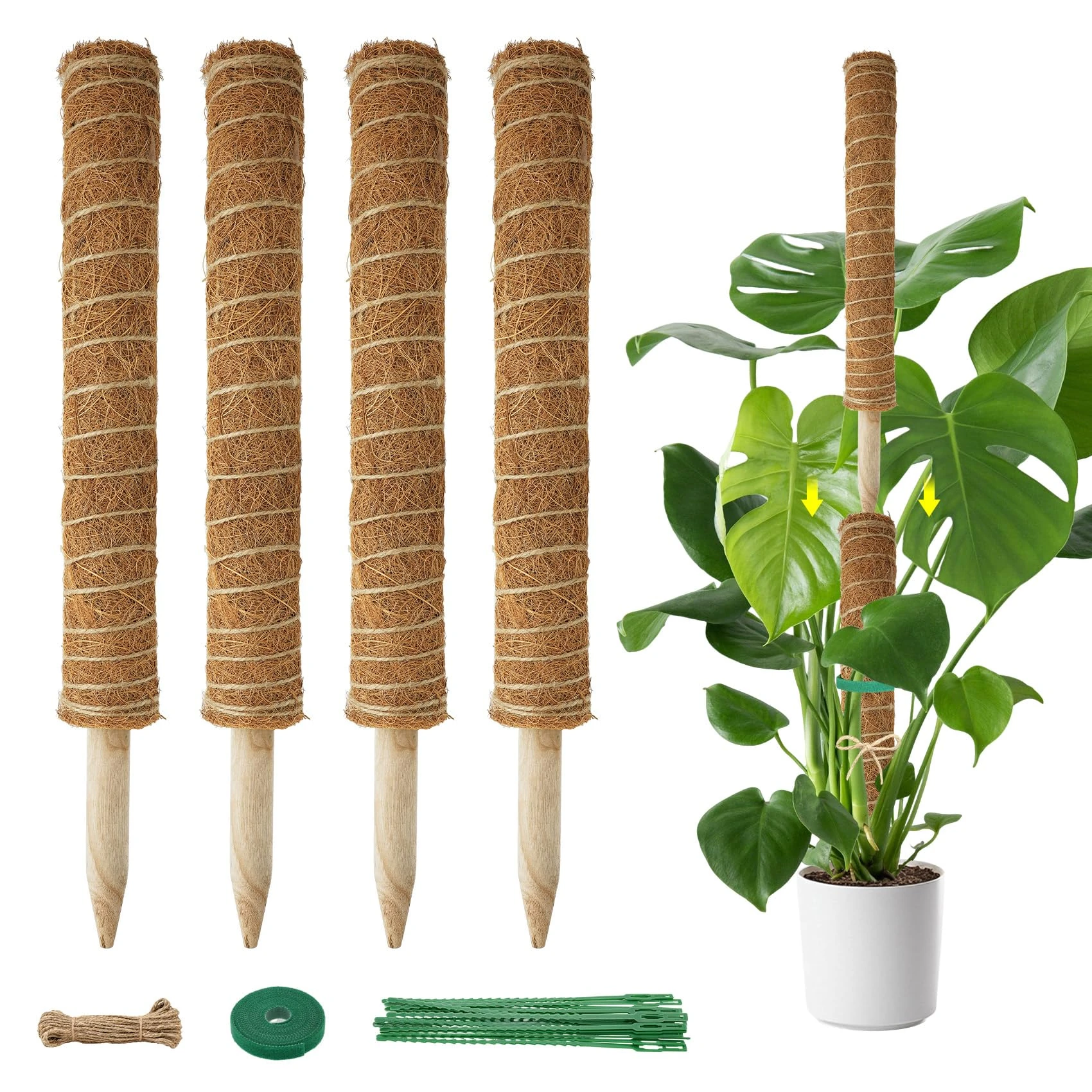 Moss Pole for Monstera- Plant Supports For Indoor Plants 4Pcs 17inch42cm Coco Coir Moss Poles Stackable Up To 53inches133cm Plant Support For Monstera Climbing Money Plant Indoor Grow Upwards