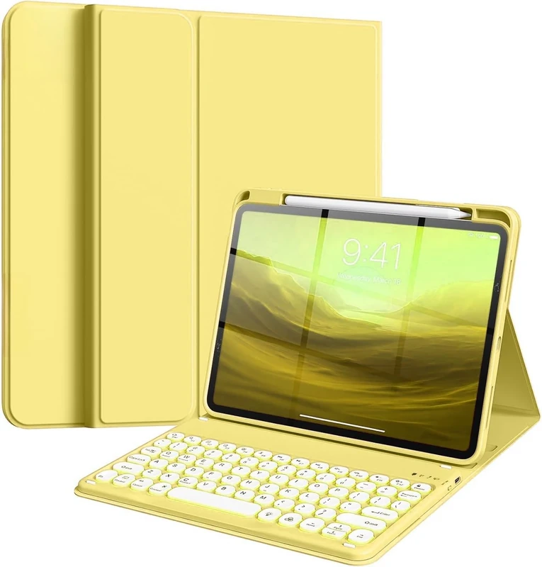 NUWONAYA Round Keys Keyboard Case for iPad 9th/8th/7th Generation/Air 3/Pro 10.5,Cute Color Folio Stand Cover with Upper Pencil Holder and Magnetic Detachable Wireless Keyboard，Yellow