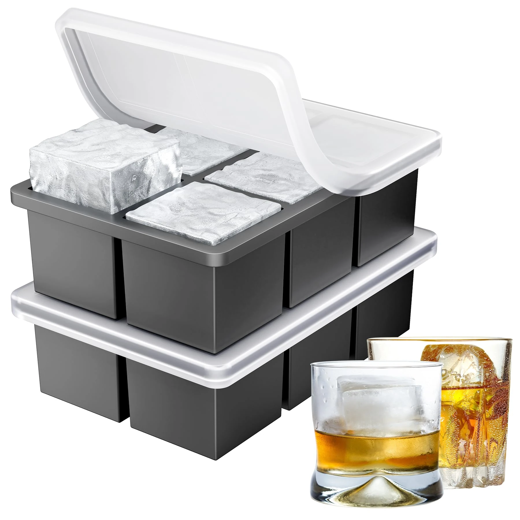 Ankway Silicone Ice Cube Tray with Lid, 2 Pack 5cm Large Ice Cube Moulds for Freezer Whiskey Cocktail Drinks, 12 Cubes, Food Grade, BPA Free, Easy-Release, Stackable and Dishwasher Safe