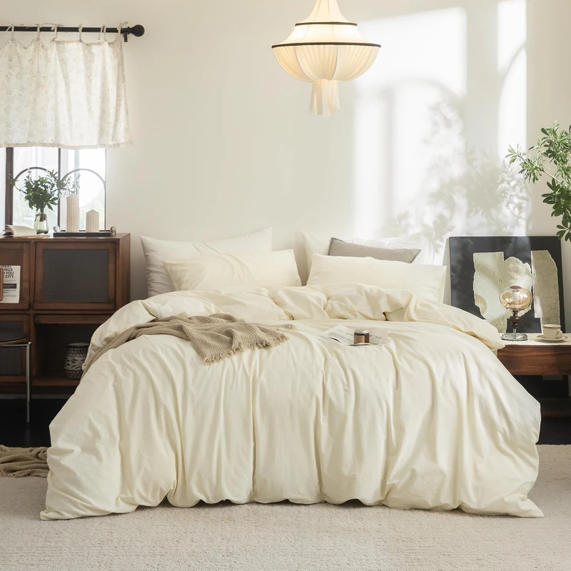 FOSSA Duvet Cover Set 100% Washed Cotton Linen Feel Queen