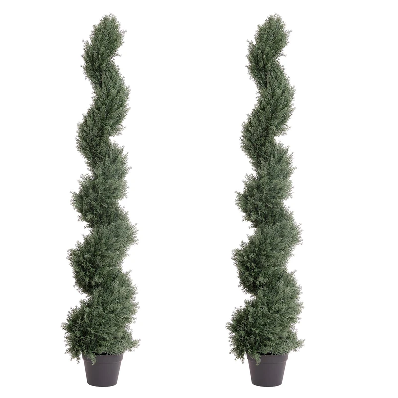 THE BLOOM TIMES 5ft Spiral Artificial Topiary Trees Set of 2, Faux Cedar Trees for Outdoor Planters - Fake Twist Cypress Plants for Garden Front Porch Indoor Outside Decor 5 Foot