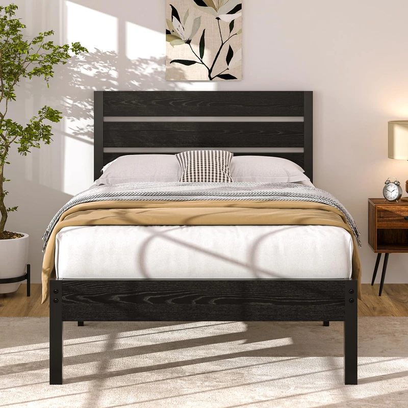 VECELO 4ft6 Double Bed Frame with Rustic Vintage Wood Headboard, Mattress Foundation, Strong Metal Slats Support, No Box Spring Needed - Image 1