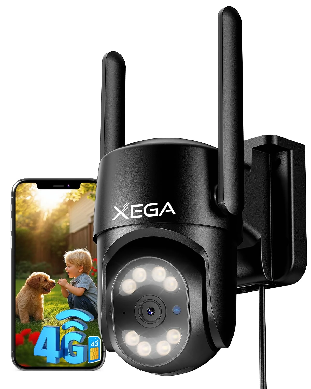 Xega 4G LTE Security Camera Outdoor 24/7 Recording 2K CCTV PTZ Camera No WiFi, Auto Tracking AI Human Detection Instanrt Alert, Plug in Wired, IP66 TF/Cloud Storage, SIM Card Included