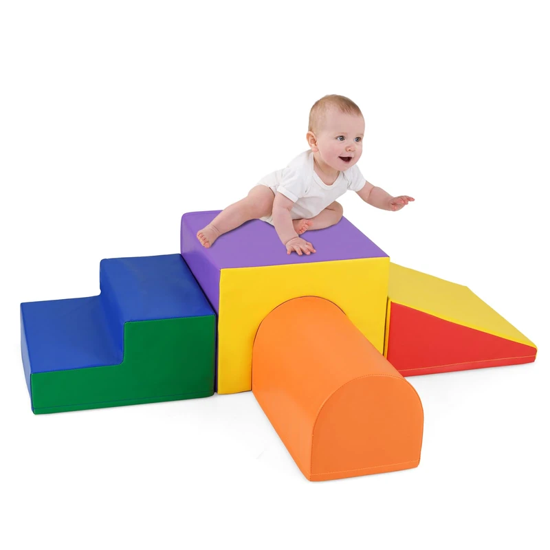 GYMAX Soft Play Equipment for Toddlers, 4 Pieces Kids Activity Set, Baby Soft Foam Blocks Interactive Toy Foam Block Play Set for Climbing, Sliding & Crawling (Purple+Orange)