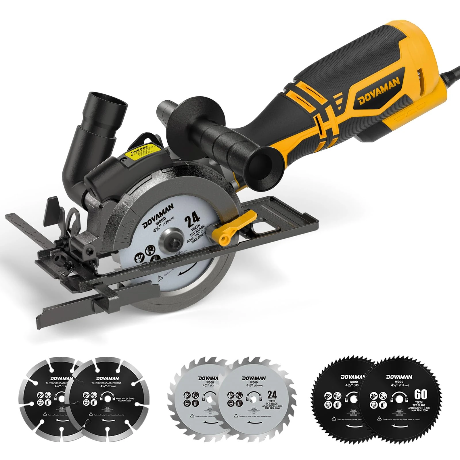 DOVAMAN Mini Circular Saw, 710W Circular Saw with Laser, 3500rpm, Metal Auxiliary Handle, Cutting Depth 43mm (90°), 29mm (45°), 6 Blades Ideal for Wood, Soft Metal, Plastic, Tile - MCS01A