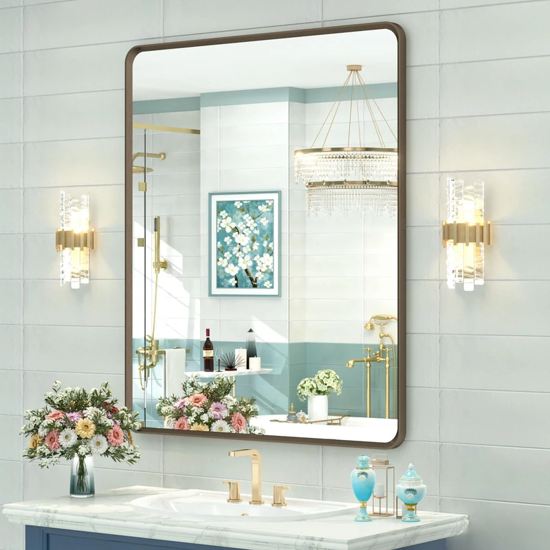 OKPAL 30x36 Bronze Bathroom Wall Mirror, Modern Brushed Metal Framed Mirror for Vanity, Bronze Rounded Rectangle Mirror, Anti-Rust, Tempered Shatterproof (Horizontal/Vertical)