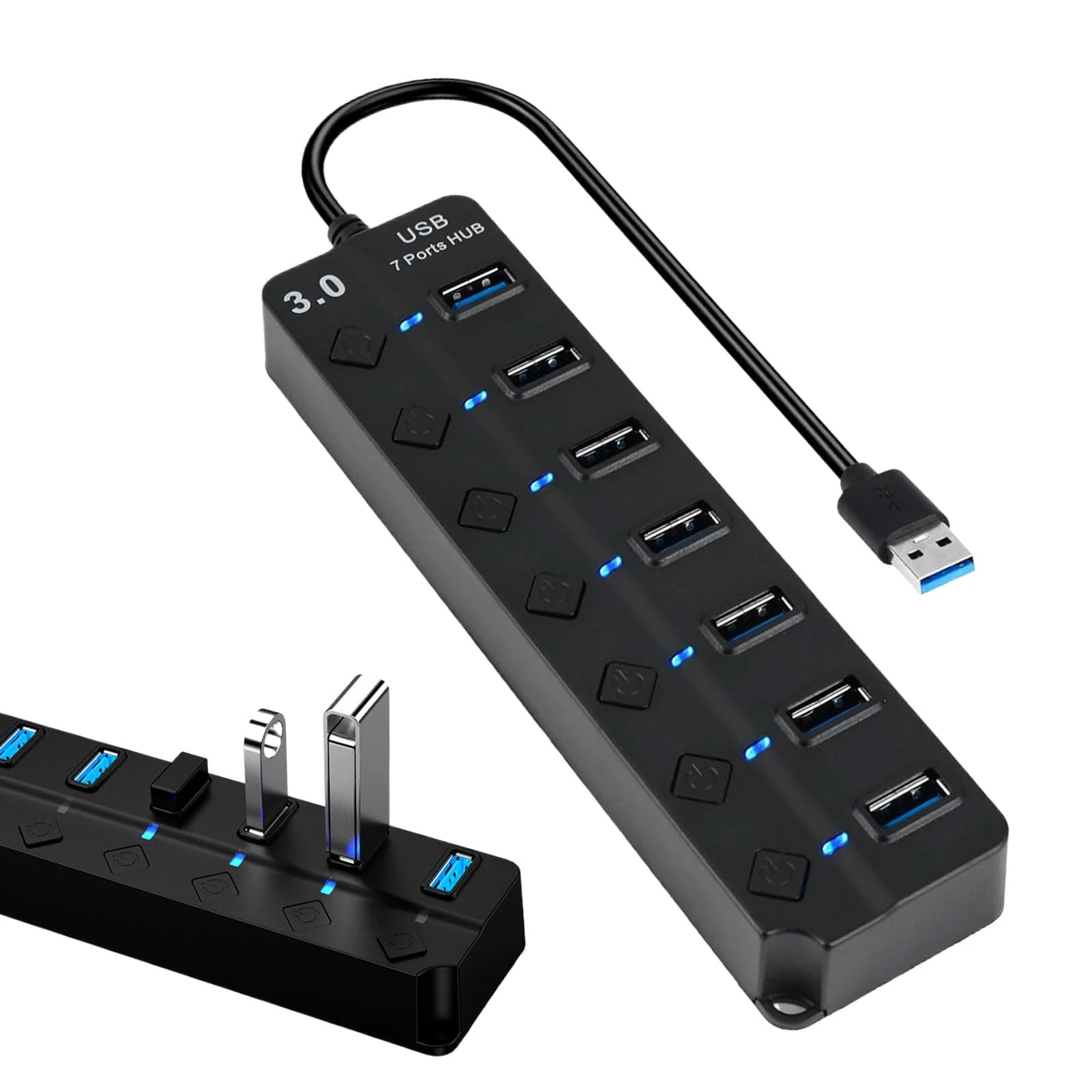 7-Port USB 3.0 Hub With Individual Switches & Lights - High-Speed Data Extension Splitter With Extended Cable for PC, Laptop and More