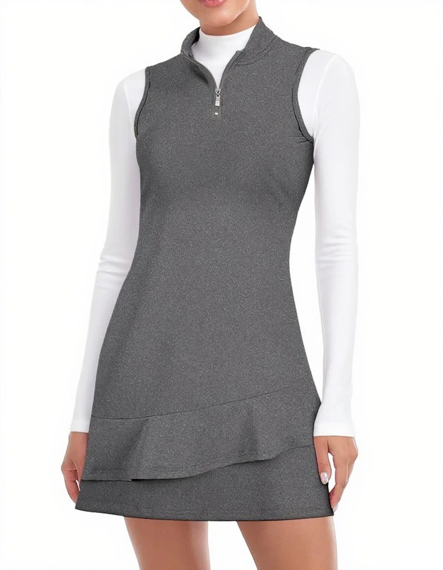 Viracy Tennis Dress for Women Sleeveless Golf Dresses with Shorts and Pockets Ruffle Zip Up Stand Collar Golf Outfits, Thickening-Dark Grey, M