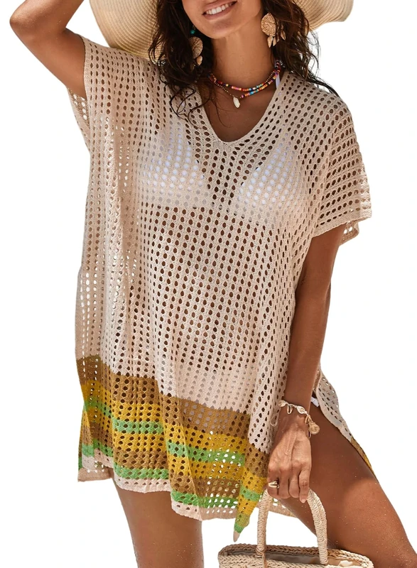 Dokotoo Beach Coverups for Women Oversized Women's Swim Cover-Ups Loose Womens Beachwear Crochet Swimsuit Cover Ups Striped Side Split Bathing Suit Dresses Ladies Swimwear Bikini Cover Up Apricot 2XL