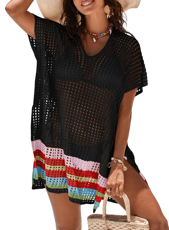 Dokotoo Beach Coverups for Women Oversized Women's Swim Cover-Ups Loose Womens Beachwear Crochet Swimsuit Cover Ups Striped Side Split Bathing Suit Dresses Ladies Swimwear Bikini Cover Up Black 2XL