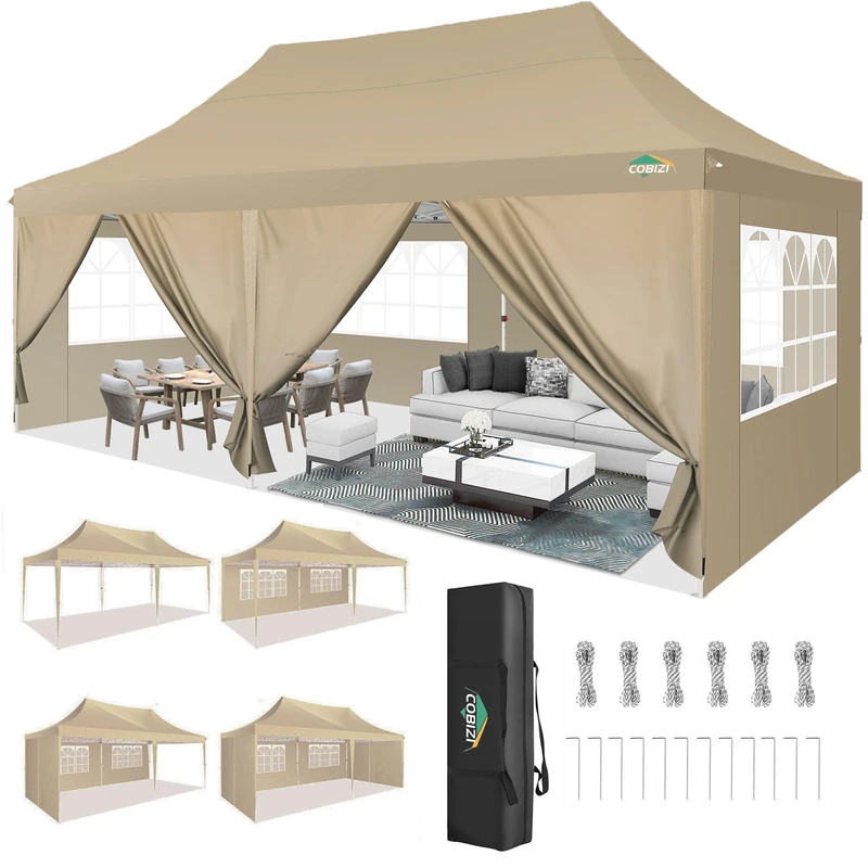 COBIZI Gazebo 3 x 6 m Folding Gazebo Waterproof Stable Winterproof Party Tent Foldable Pop Up Gazebo with 6 Side Walls UV Protection 50+ Garden Gazebo for Beach Wedding Camping Khaki