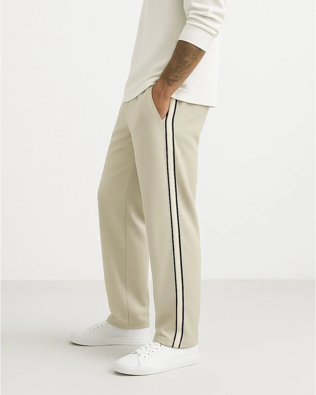 Men's Sports Pants, Open Bottom, Relaxed Fit, Straight Twill, Sweatpants, Striped, Jogging Pants with Pocket, Pure Khaki, XXL