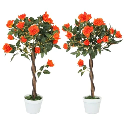 Outsunny 90cm Artificial Rose Tree with Twisted Trunk, Decorative Fake Plant with 350 Silk Leaves and 21 Flowers, UV-Resistant Faux Tree for Outdoor Indoor Garden Porch Decor, Set of 2, Orange