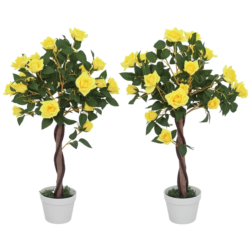 Outsunny 90cm Artificial Rose Tree with Twisted Trunk, Decorative Fake Plant with 350 Silk Leaves and 21 Flowers, UV-Resistant Faux Tree for Outdoor Indoor Garden Porch Decor, Set of 2, Yellow