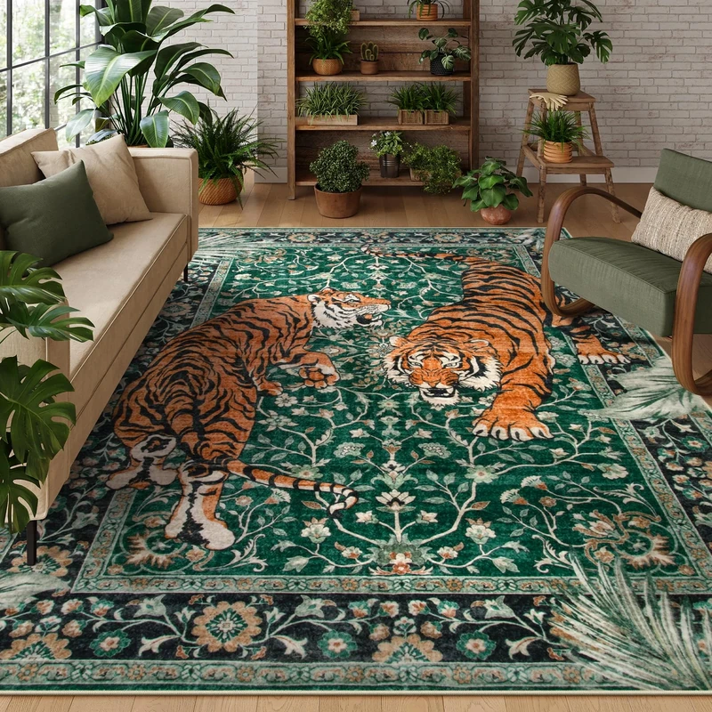 Moynesa Tiger 9x12 Washable Area Rug, Boho Green Rugs for Living Room, Non Slip Vintage Dining Room Rug, Botanical Ultra Thin Soft Stain Resistant Floor Carpet for Bedroom Home Office