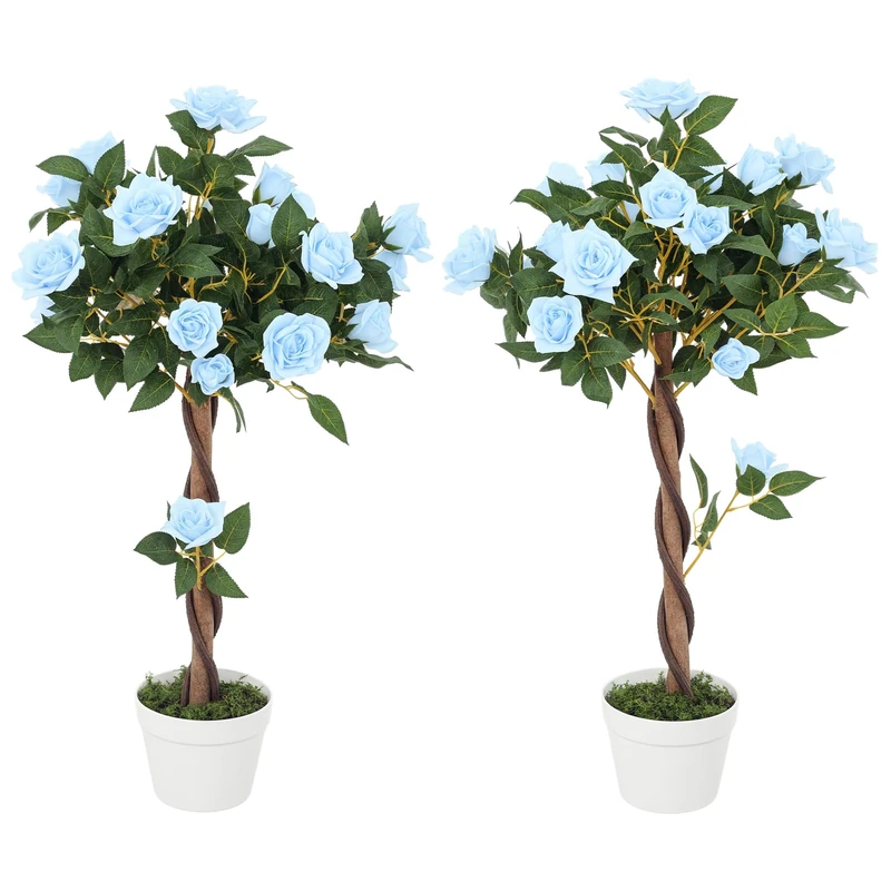 Outsunny Set of 2 90cm/3FT Artificial Rose Tree, Fake Decorative Plant with Pot, UV-Resistant Faux Tree for Outdoor Indoor Home Office Decor, Light Blue